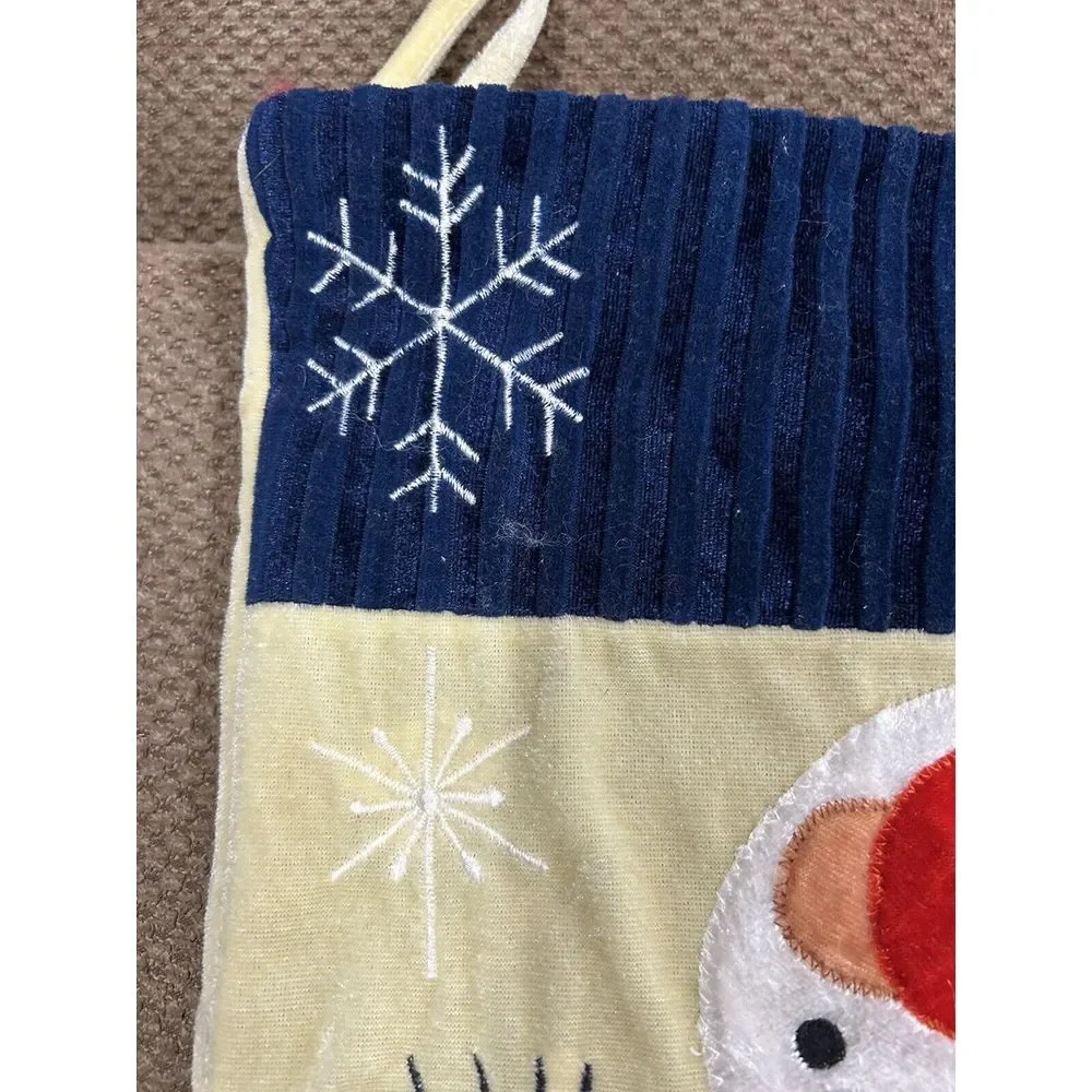 Snowman Applique Christmas Stocking‎ Cream Blue Velvet Kitsch Boho Retro